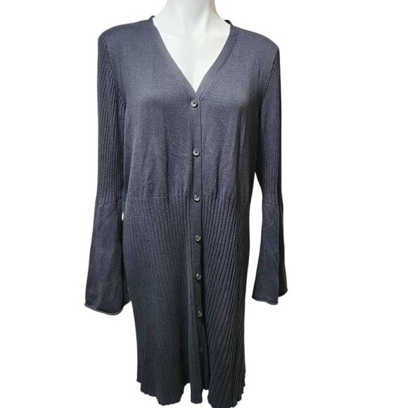 Du Jour Black VNeck Button front Ribbed Sweater Dress Flared Sleeve Boho XL - Picture 1 of 10